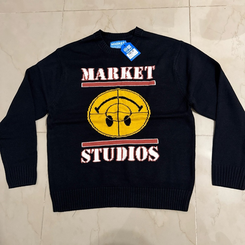 Market x Smiley Focus Black Sweater Smiley Mens Size M